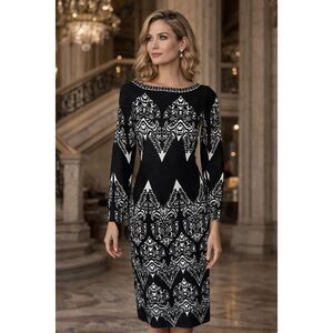 Alaia 40 Small black white jacquard long sleeve bodycon stretch dress luxury